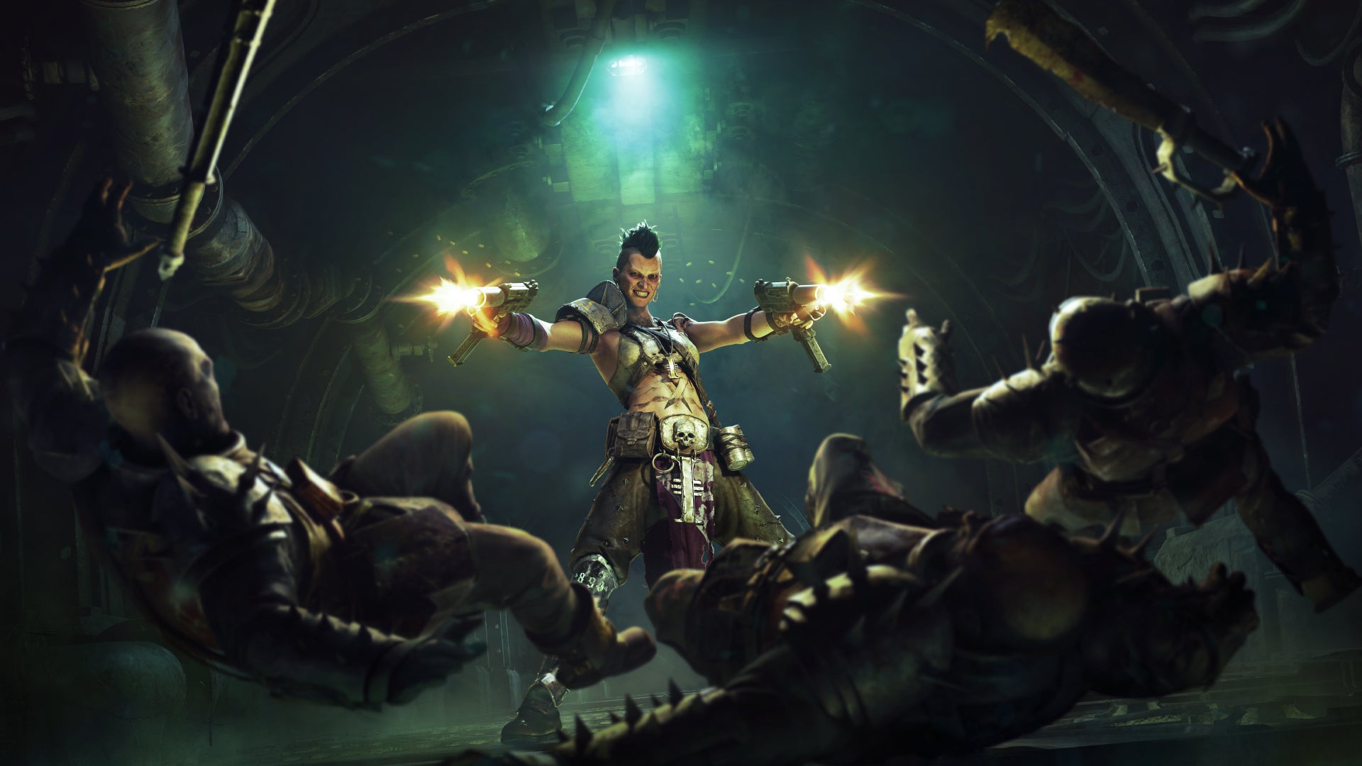 A CGI render of Darktide's Hive Scum class gunning down Chaos soldiers with dual-wielding machine pistols. - 1