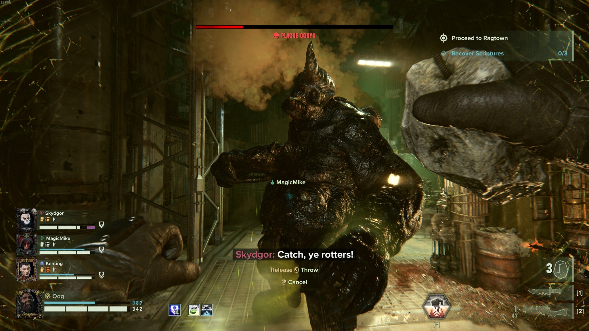 Fighting a Plague Ogryn with the help of a big friendly rock in Darktide. - 4