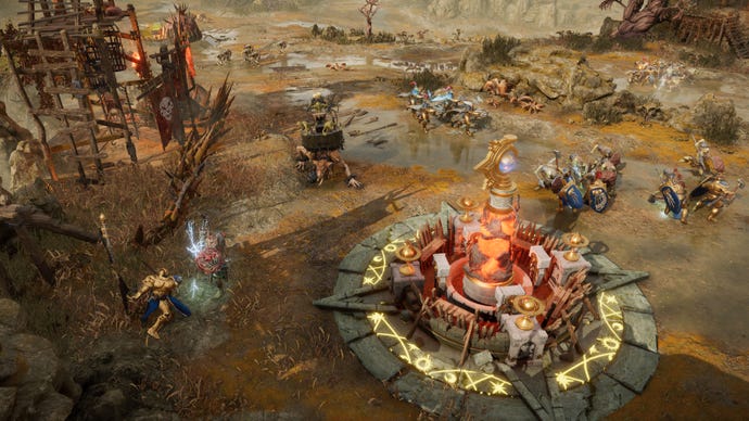 A fight breaks out in a swampy battleground in Warhammer Age Of Sigmar: Realms Of Ruin