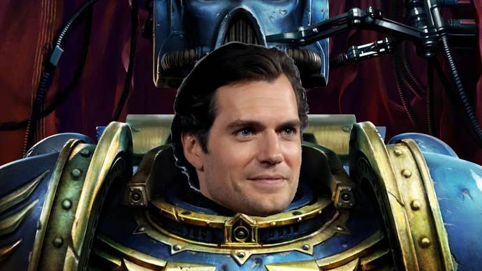 Art of a Warhammer 40K Space Marine putting on their helmet but with Henry Cavill’s face