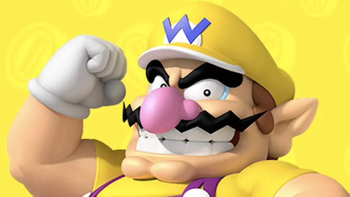 Wario poses against a yellow background with coins