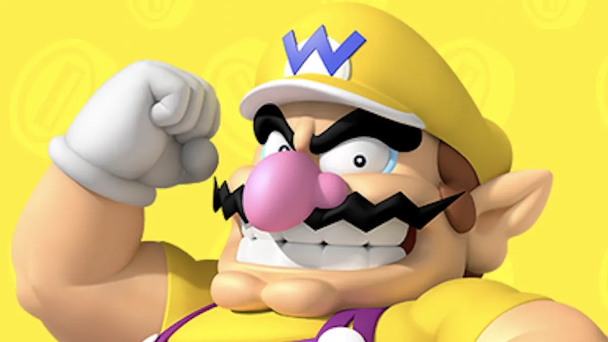 Wario poses against a yellow background with coins