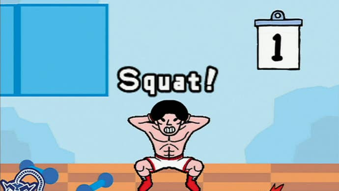 A character squats in a microgame in WarioWare Smooth Moves