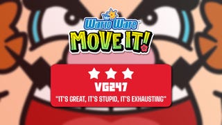 A three-star review blurb for WarioWare: Move It that reads: "It's great, it's stupid, it's exhausting".