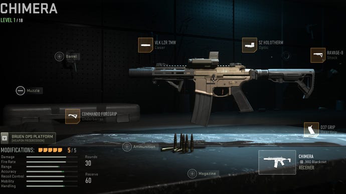 Warzone 2 image showing the Chimera loadout with the Ravage-8, VLK LZR 7MW, Commando Foregrip, D37 Grip, and SZ Holotherm attached.