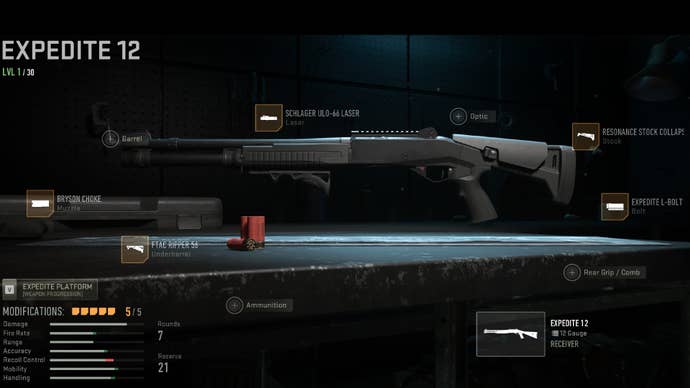 Warzone 2 image showing our Expedite 12 build with the Bryson Choke, FTAC Ripper 56, Schlager ULO-66 Laser, Resonance Stock Collapsed, and Expedite L-Bolt attached.