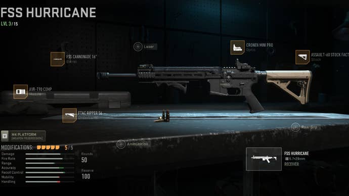 Warzone 2 screenshot showing an FFS Hurricane loadout with the AVR-T90 Comp, FTAC Ripper 56, FSS Cannonade 16", Cronen Mini Pro, and Assault-60 Stock Factory attached.
