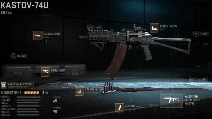 Warzone 2 image showing our Kastov-74U build with the Shorttac 330mm, Phase-3 Grip, 5.45 High Velocity ammo, 45 Round Mag, and Cronen Mini Pro attached.