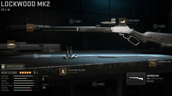 Warzone 2 image showing the Lockwood Mk2 with the FTAC Reaper, 21" Coyote Barrel, .45 GVT High Velocity, Longhorn Lever, and SZ Holotherm attached.