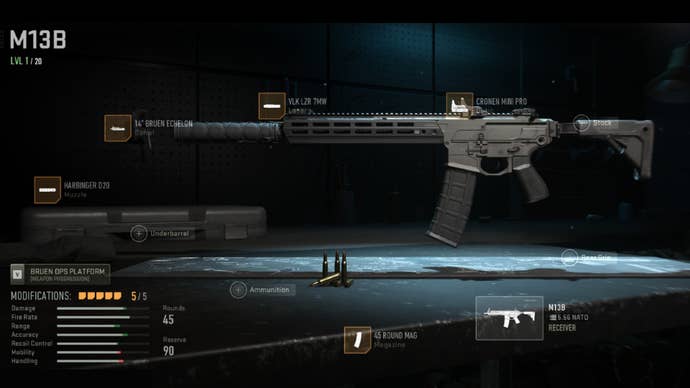 Warzone 2 screenshot showing an M13B build with the Harbinger D20, 14" Bruen Echelon, VLK LZR 7MW, 45 Round Mag, and Cronen Mini Pro attached.