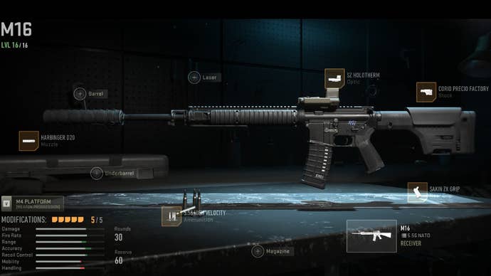 Warzone 2 screenshot showing the M16 with the Harbinger D20, 5.56 High Velocity ammo, Corio Precio Factory, Sakin ZX Grip, and SZ Holotherm attached.