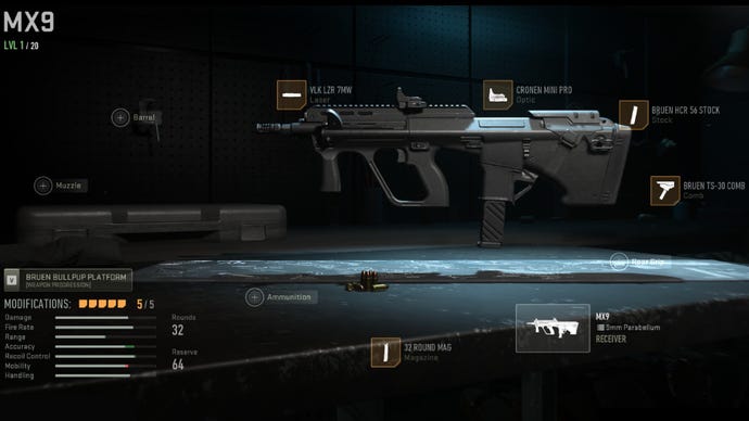 Warzone 2 image showing the MX9 with the VLK LZR 7MW, 32 Round Mag, Cronen Mini Pro, Bruen HCR 56 Stock, and Bruen TS-30 Comb attached.