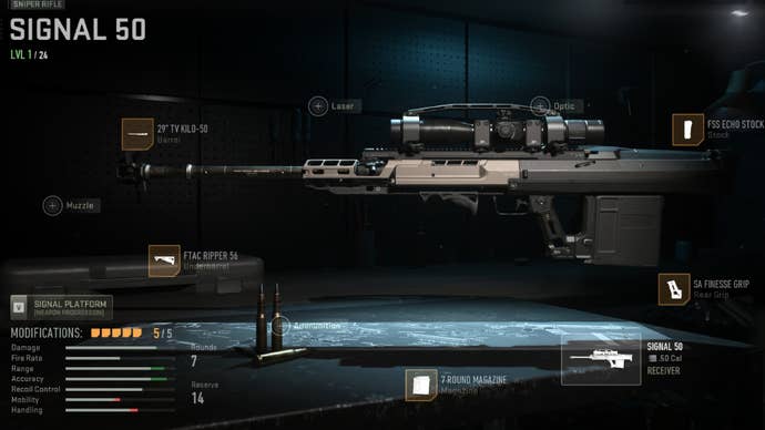 A Warzone 2 screenshot showing a Signal 50 loadout with the 29" TV Kilo-50, FTAC Ripper 56, 7 Round Mag, SA Finesse Grip, and FSS Echo Stock.