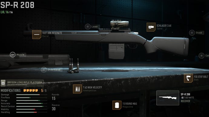 Warzone 2 image showing our SP-R 208 build with the 18.5" XRK Resonate, 7.62 High Velocity, 15 Round Mag, Schlager 3.4X, and FSS ST87 Bolt attached.