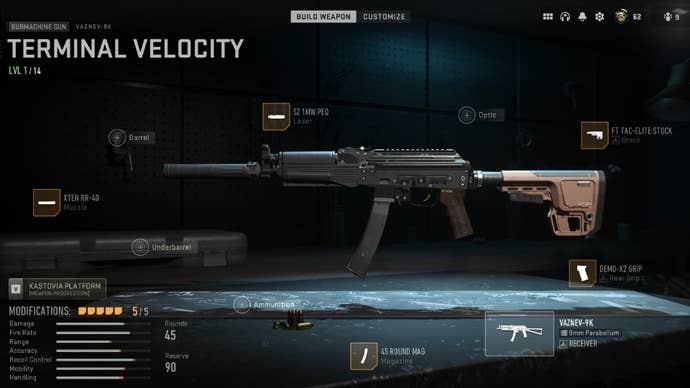 Warzone 2 screenshot showing the Vaznev-9K with the XTEN RR-40, Demo-X2 grip, FT Tac-Elite Stock, 45-round mag, and SZ 1MW PEQ laser equipped.