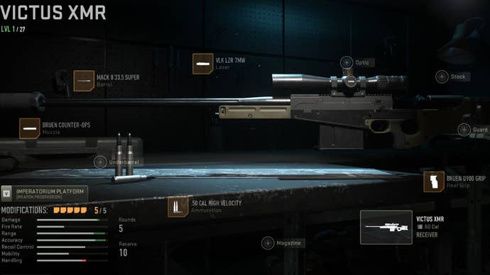 Warzone 2 image showing our Victus XMR build with the Bruen Counter-Ops, Mack 8 33.5 Super, VLK LZR 7MW, .50 Cal High Velocity, and Bruen Q900 Grip attached.