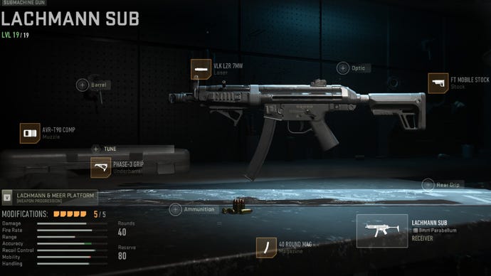 Warzone 2 image showing our MP5 loadout, with the AVR-T90 Comp, Phase-3 Grip, VLK LZR 7MW, 40 Round Mag, and FT Mobile Stock.