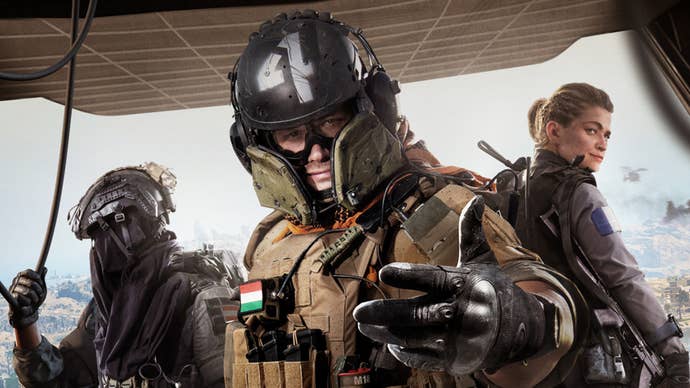 Key art from Call Of Duty: Warzone 2.0’s Season 1 roadmap, showing three soldiers in a plane cargo hold