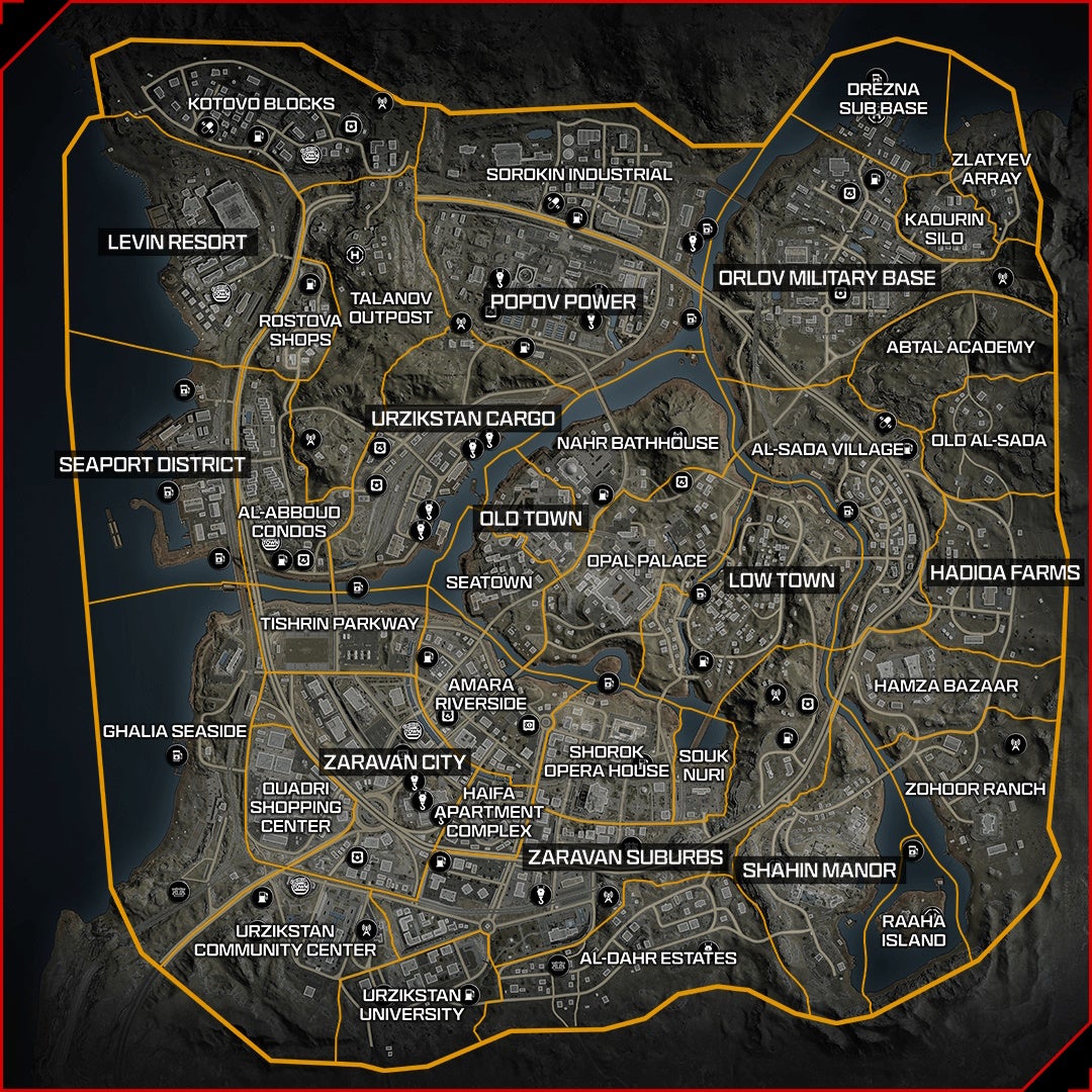 urzikstan map for call of duty warzone showing all of the points of interest