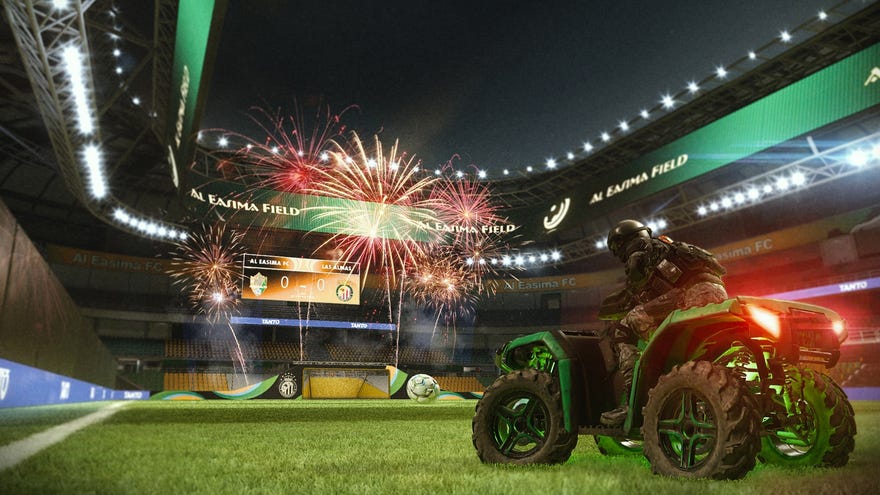 A soldier on a quadbike in a stadium approaches some ramps and fireworks