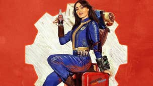 Lucy Maclean from Fallout TV show drinking a bottle of Nuka Cola whilst sitting on a Nuka Cola refrigerator. Amazon Prime logo replaced as the Nuka Cola logo.