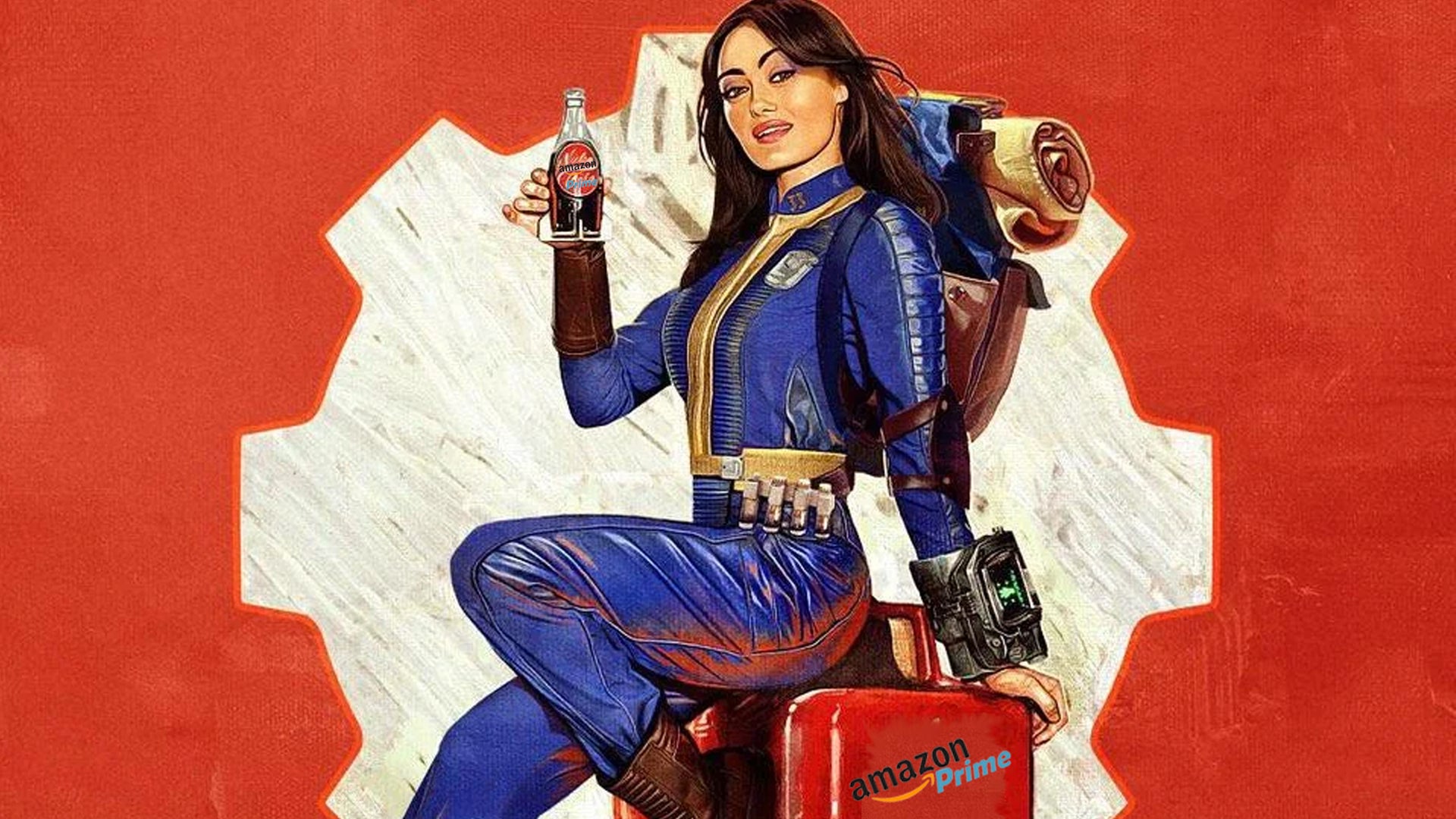 Lucy Maclean from Fallout TV show drinking a bottle of Nuka Cola whilst sitting on a Nuka Cola refrigerator. Amazon Prime logo replaced as the Nuka Cola logo. - 1