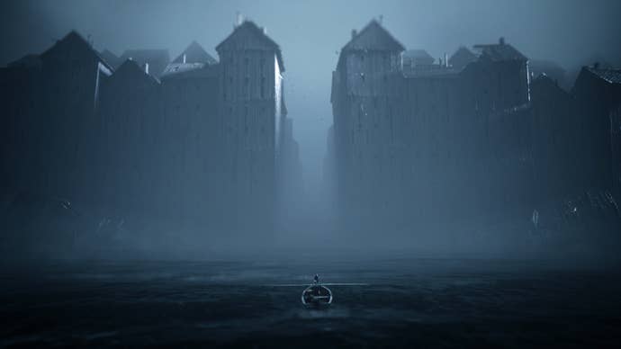 A Reanimal screenshot showing two children rowing a boat down a narrow channel between two towering clusters of buildings looming through the fog ahead.