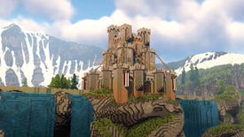 A waterfall castle, built in Minecraft by YouTuber "Geet Builds".