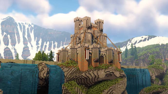 A waterfall castle, built in Minecraft by YouTuber “Geet Builds”.