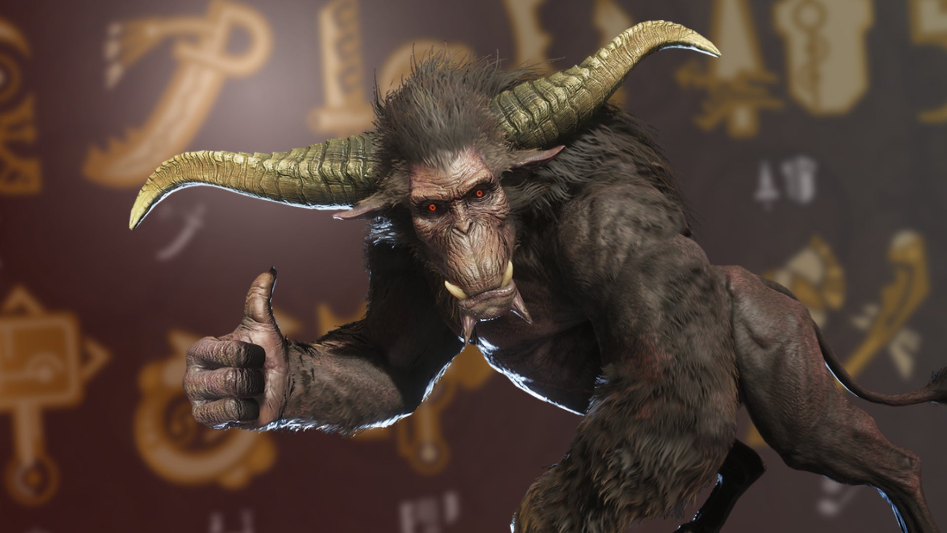 A Rajang, a massive, angry monkey with horns, gives a thumbs up over a grid of weapon icons from monster hunter wilds. - 1