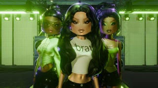 Three characters from Dress to Impress wearing brat clothing from the Charlie XCX collaboration.