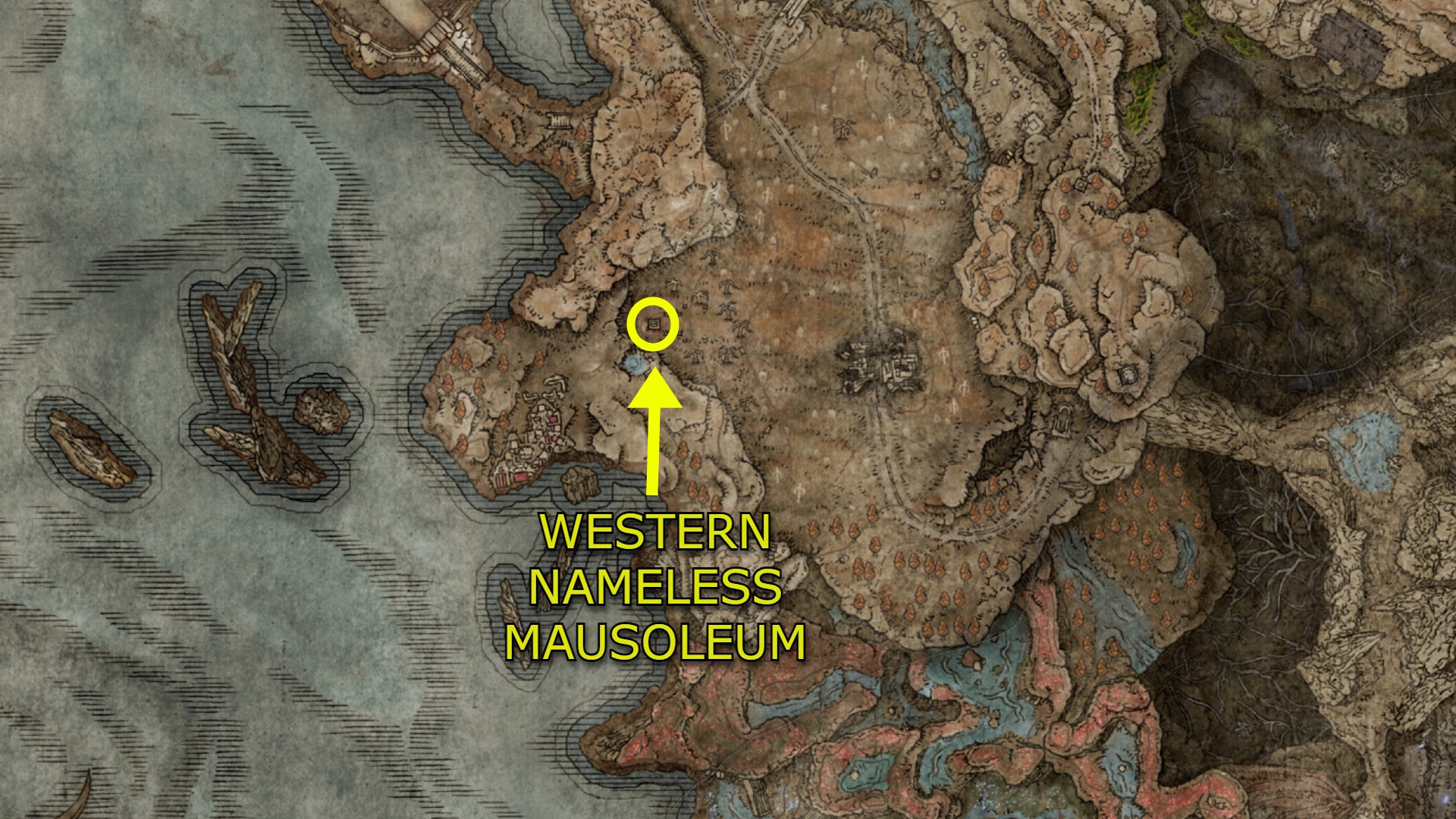 A map of the Shadow Realm in Elden Ring: Shadow Of The Erdtree, showing the location of the Western Nameless Mausoleum - 3