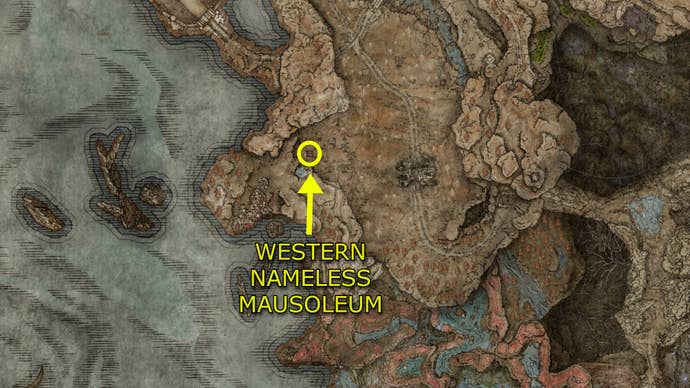 A map of the Shadow Realm in Elden Ring: Shadow Of The Erdtree, showing the location of the Western Nameless Mausoleum