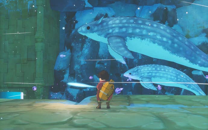 Europa review screenshot. A mother whale and her calf float past the player-character.