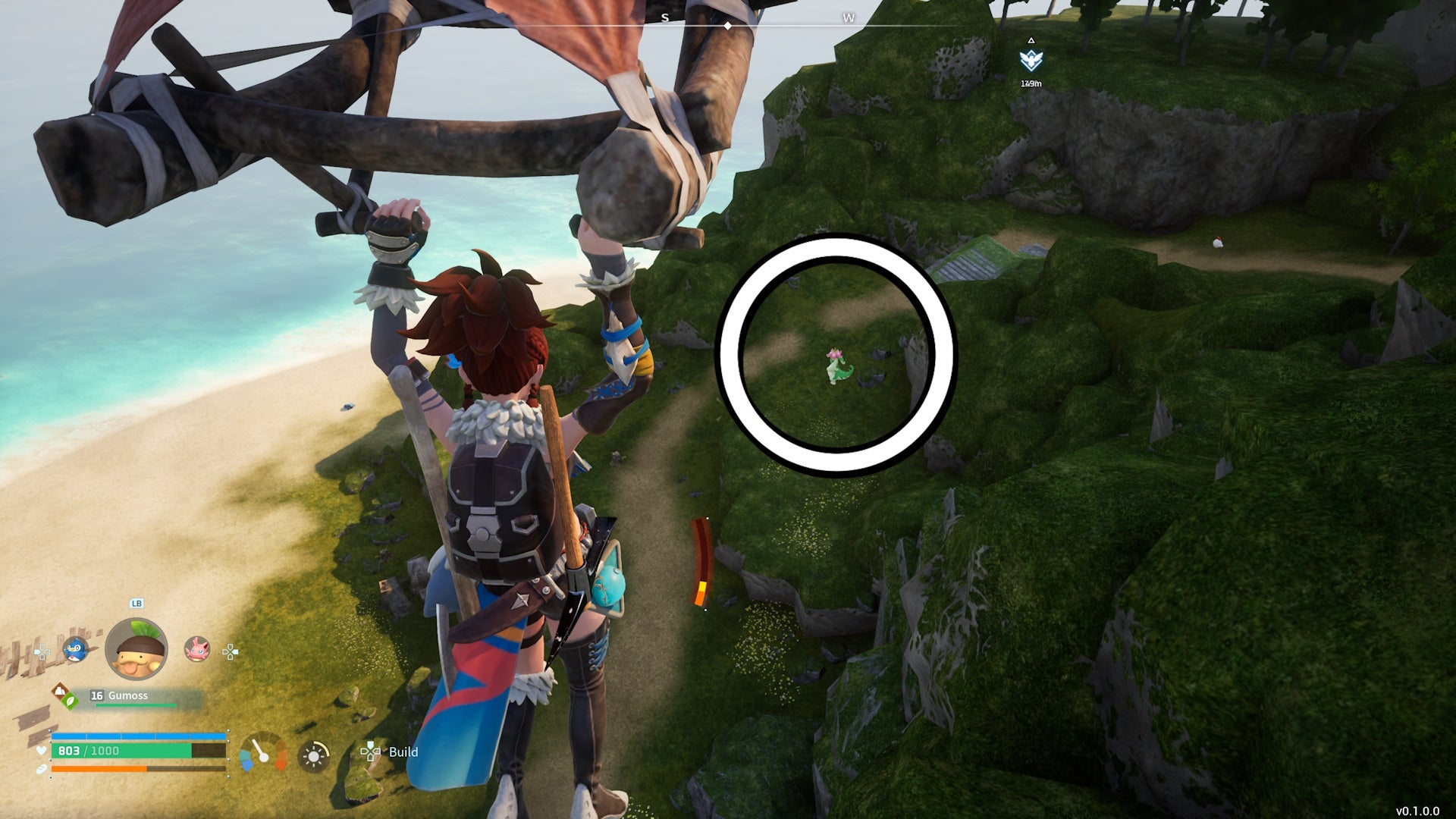 A Palworld character glides towards the location of a Dinossom to collect some wheat seeds.