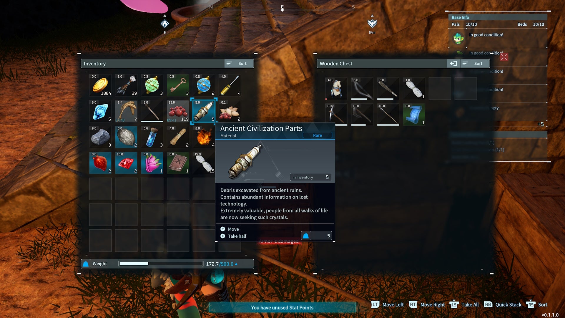 Menu view of Ancient Civilisation Parts in Palworld.