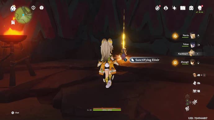 Kachina in front of a Sanctifying Elixir item in Genshin Impact.