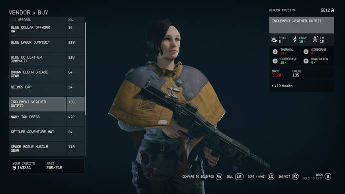 menu of jemison mercantile vendor stock with a poncho item of clothing displayed on a female character in the middle