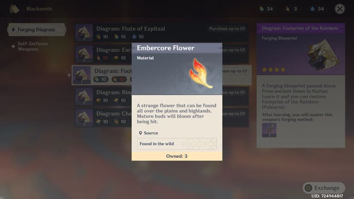 Menu view and description of an Embercore flower in Genshin Impact.