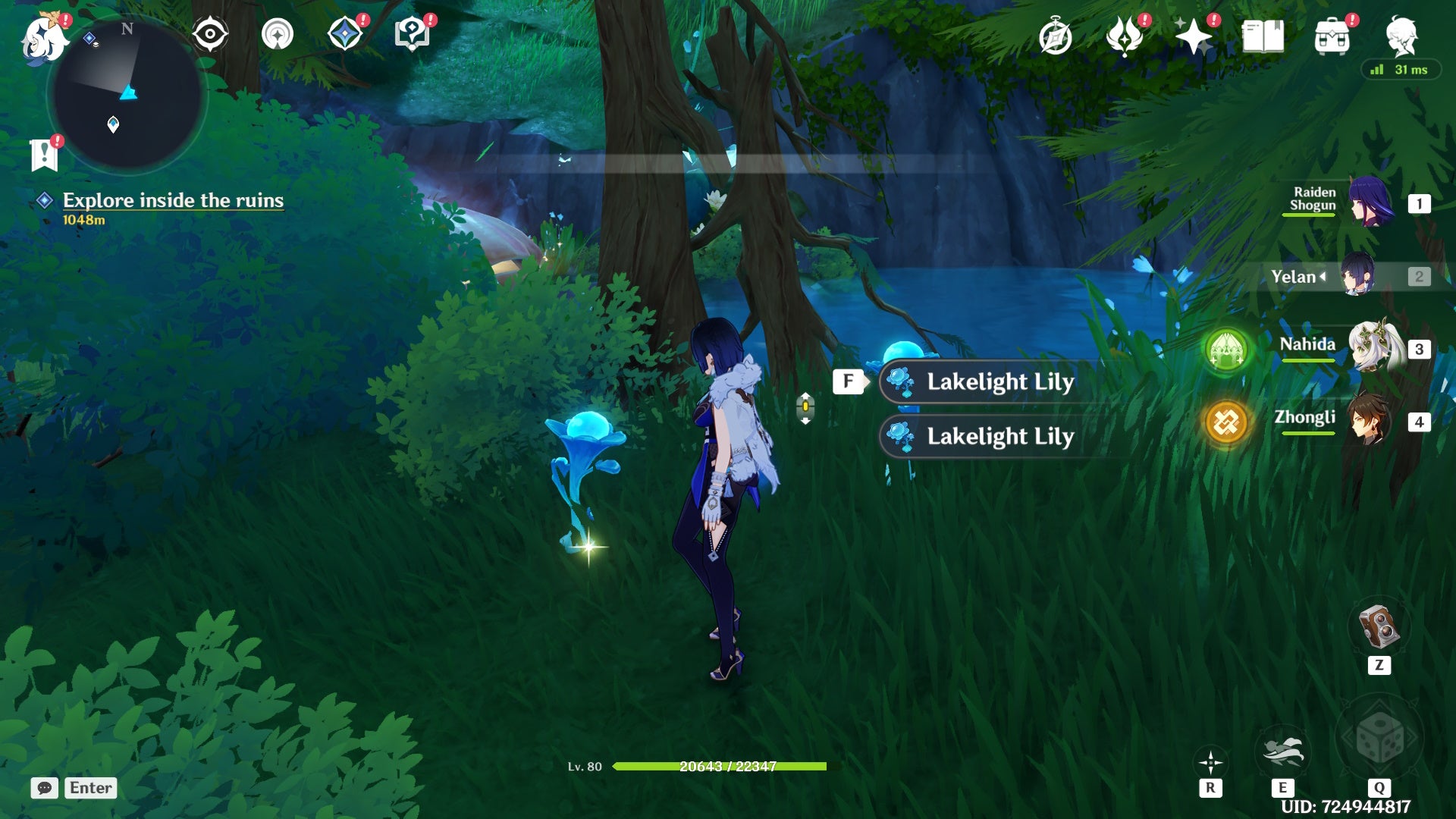 yelan looking at two lakelight lily flowers near a small body of water in a forest of fontaine