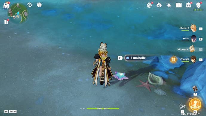 Xilonen looking at Lumitoile on a beach in Genshin Impact.