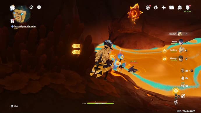 Navia looking at Spinel Fruit growing beside Liquid Phlogiston in Genshin Impact.