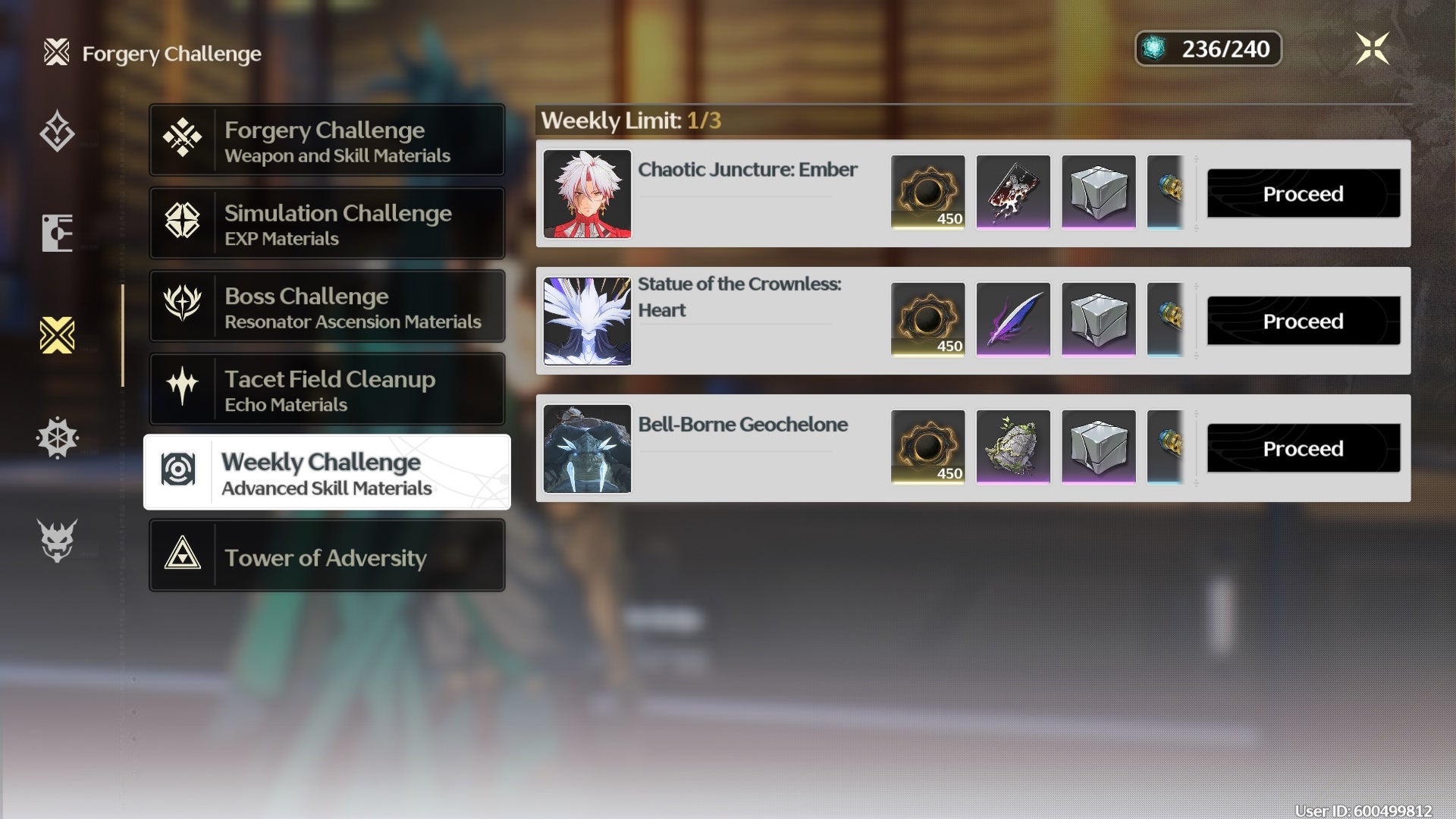 The Challenge menu from the Guidebook in Wuthering Waves, with Weekly Challenges displayed.