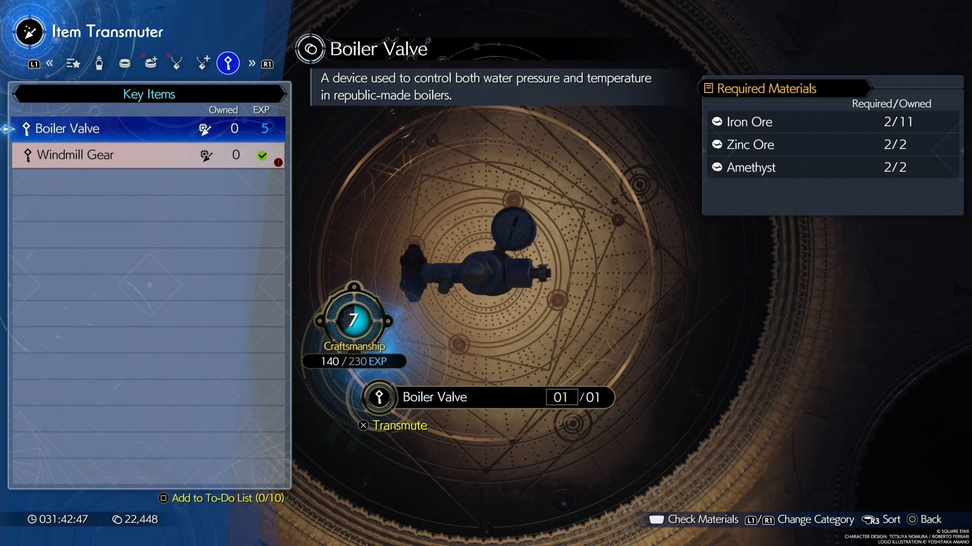 Menu of the Boiler Valve and the materials to make it in the Transmuter section in Final Fantasy 7 Rebirth.