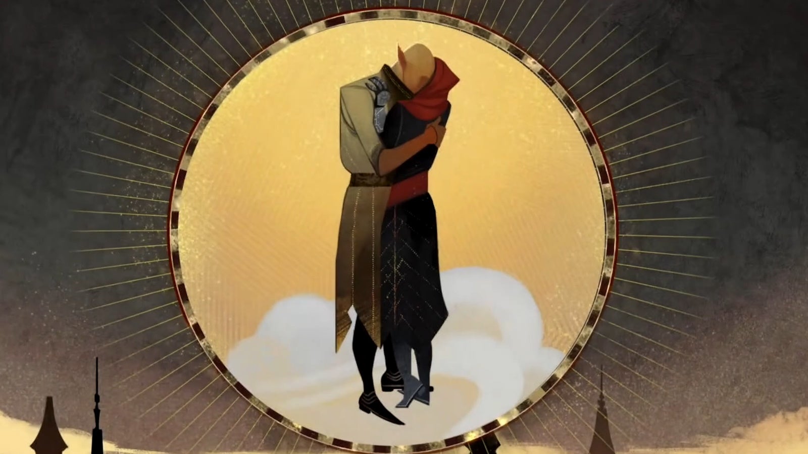 Artwork of Solas huggung the Inquisitor at the end of Dragon Age The Veilguard.