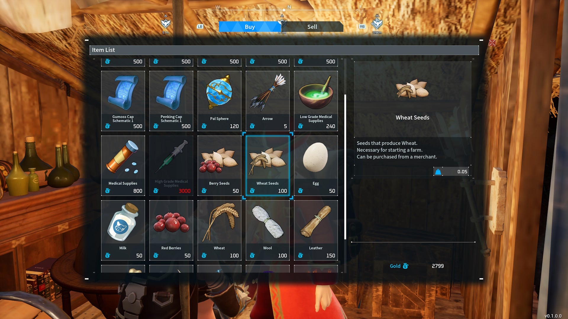 Shop menu screen for the Wandering Merchant in Palworld showing Wheat Seeds for sale.