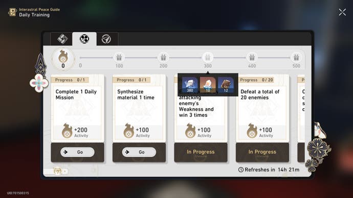 menu of the daily activities screen with nothing completed and the mouse highlighting rewards for the three hundred point reward