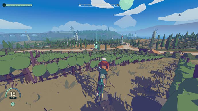 Cycling through a vineyard in Wheel World.