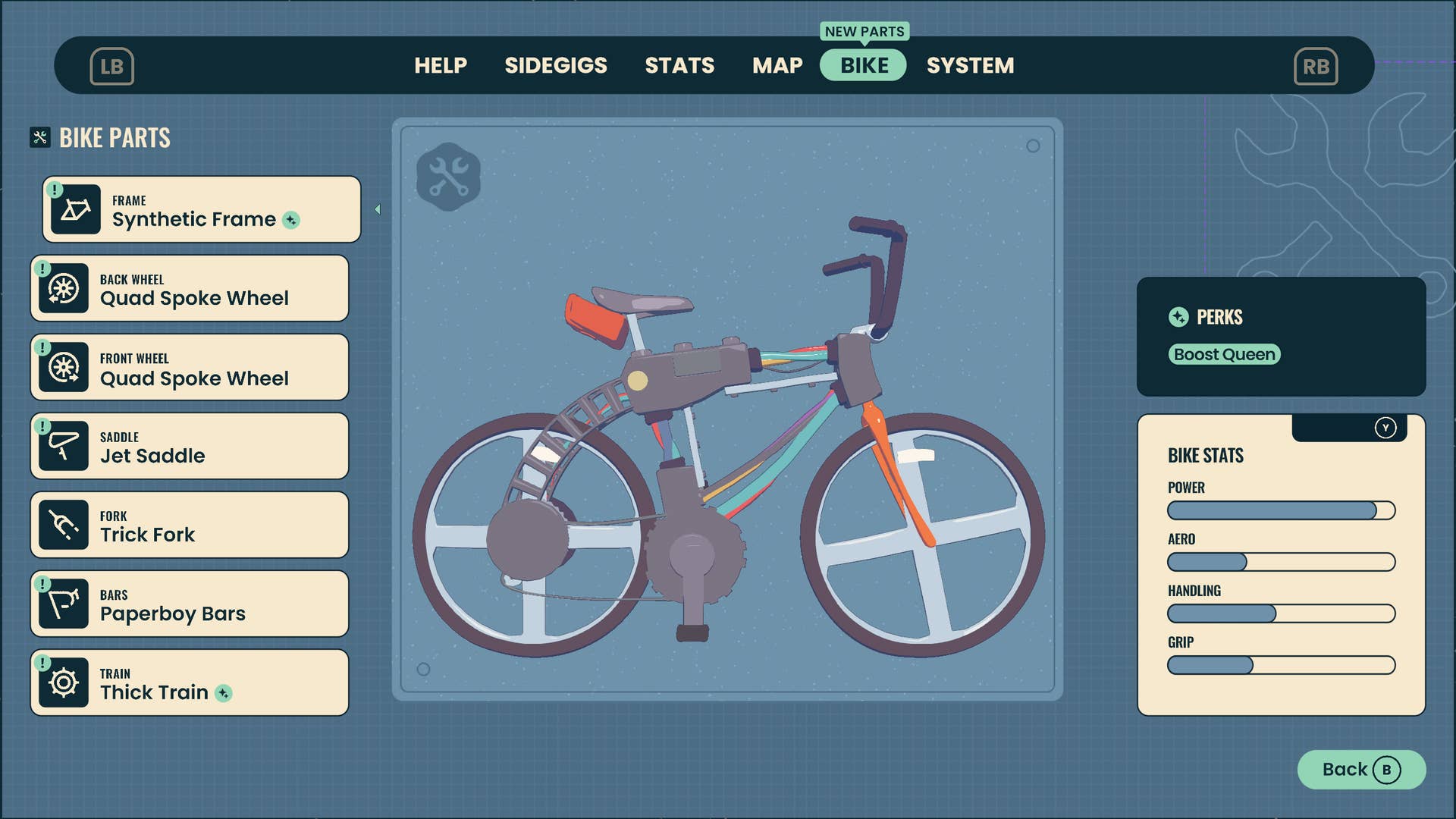 Setting up bike parts for maximum power in Wheel World.