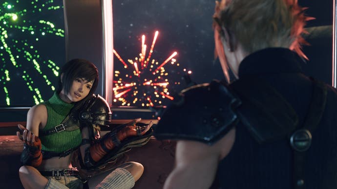 Cloud and Yuffie on the Gold Saucer ferris wheel date in Final Fantasy 7 Rebirth.